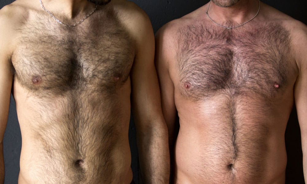 Two men with hairy chests