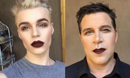 Spencer Claus does his dad's makeup like his.