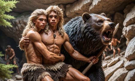 Two muscular male cavemen with long blonde hair embrace protectively in front of a roaring bear. One holds a spear as they stand in a rocky cave setting, while other cavemen appear in the background.