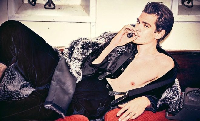 Actor Andrew Garfield posing shirtless for L’Uomo Vogue.