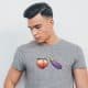 Guy wearing an eggplant and peach emoji t-shirt