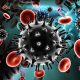 Digital illustration of HIV Virus in blood stream in color background.