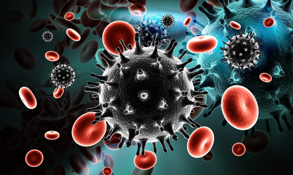 Digital illustration of HIV Virus in blood stream in color background.