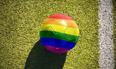 This is a photo of a rainbow soccer ball.