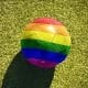 This is a photo of a rainbow soccer ball.