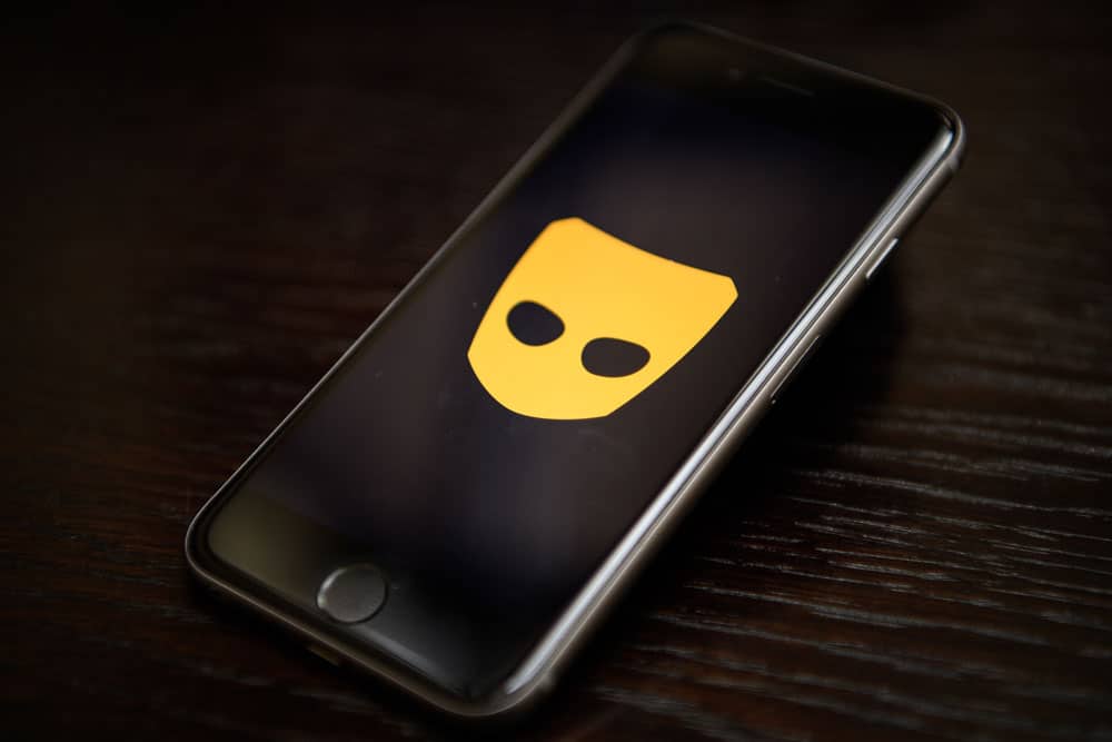 The 'Grindr' app logo is seen on a mobile phone 