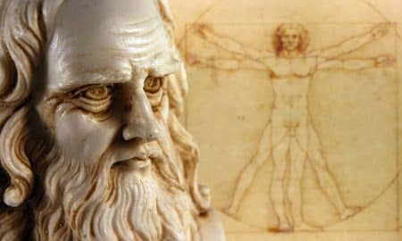 Leonardo da Vinci statue and drawing in background