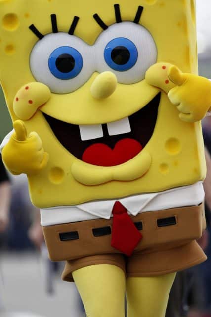 spongebob squarepants costumed walking down street