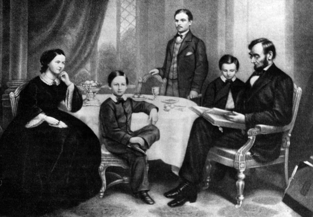 Illustration depicting Abraham Lincoln reading to his family, c. 1860s.