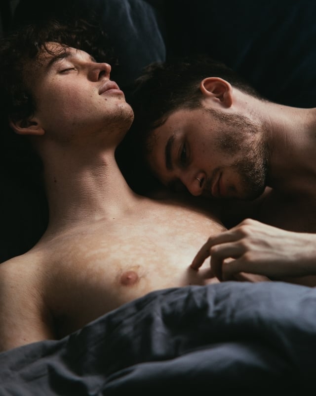 Arosexual boyfriends cuddling