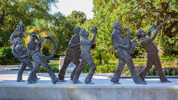 Sculptures of celebrated musicians in the Roots of Music Cultural Sculpture Garden in Armstrong Park, New Orleans