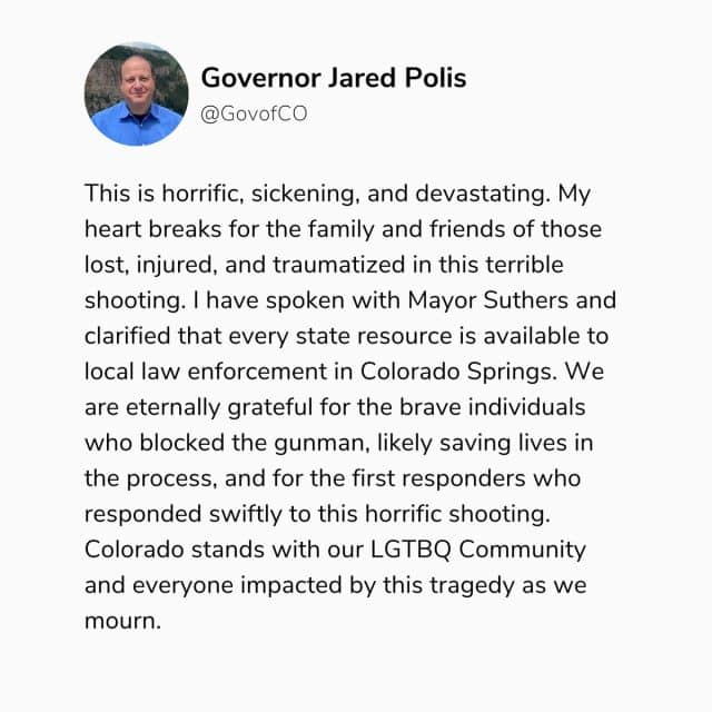 Gov. Jaren Polis statement about the Colorado Springs Shooting