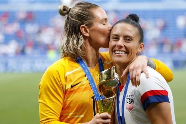 Ashlyn Harris and Ali Krieger celebrate their victory during the FIFA Women's World Cup France 2019 Final football match USA vs Netherlands on 7 July 2019