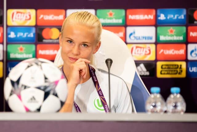 Pernille Harder of VfL Wolfsburg seen during press conference before UEFA Women's Champions League Final 2018 match between VfL Wolfsburg and Olympique Lyon.
