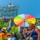 Portland OR, USA - June 17, 2018: The crowd moves under the famous Portland Sign during the 2018 Pride Parade through the streets of downtown Portland.