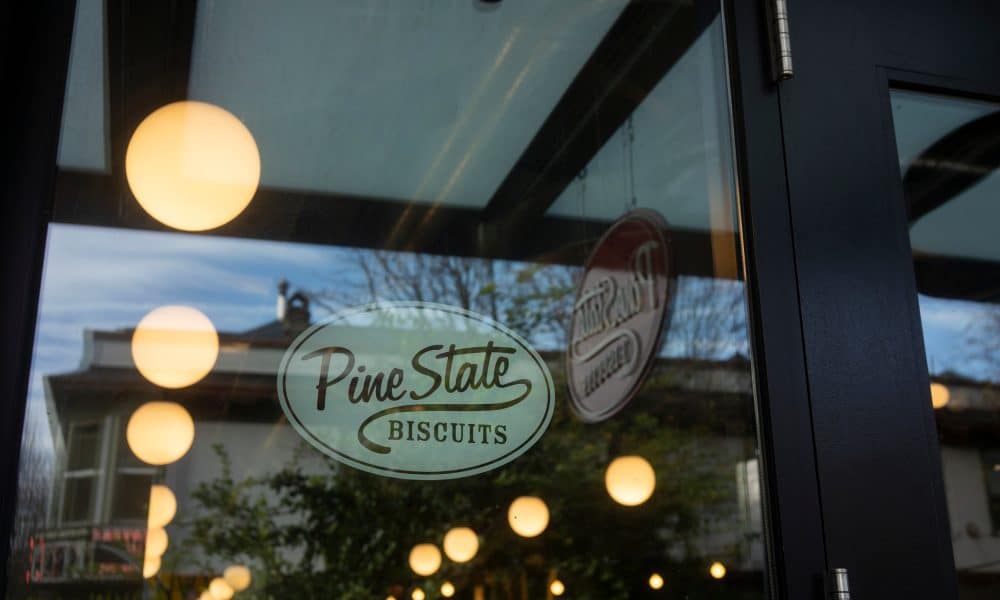 Portland, OR, USA - Nov 21, 2021: The Pine State Biscuits sign is seen at the entrance to one of its locations in NW Portland, Oregon.