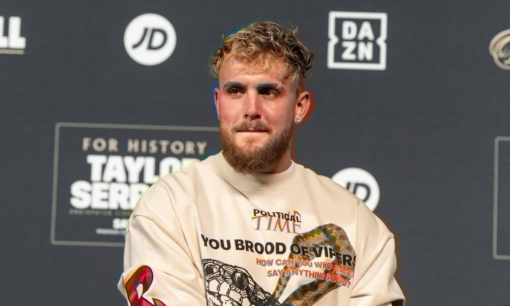 Jake Paul speaks during Weigh-in ceremony leading to Katie Taylor and Amanda Serrano fight at Hulu Theater at MSG