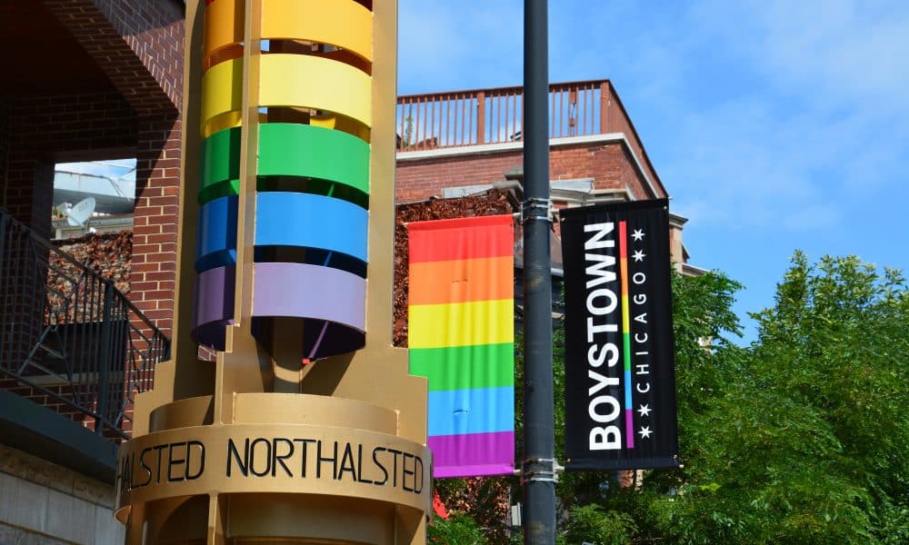 Rainbow streetscape along North Halsted St. in the Boystown neighborhood of Chicago.