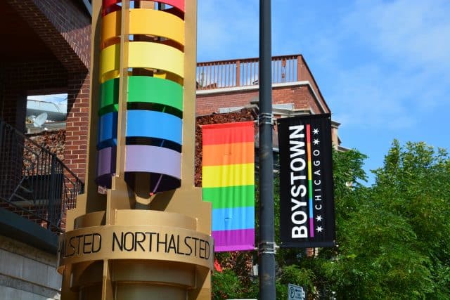 Rainbow streetscape along North Halsted St. in the Boystown neighborhood of Chicago.