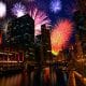 Chicago downtown with fireworks show at night.