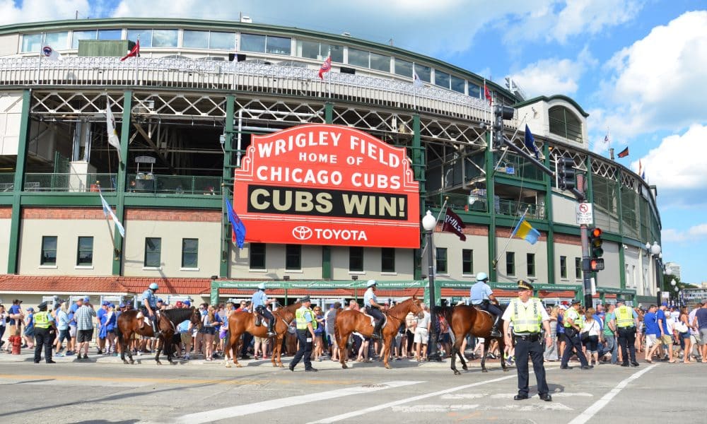 Wrigley Field, home of the Chicago Cubs, is shown here on May 29, 2016. Fans are celebrating their 7-2 win against the Philadelphia Phillies.