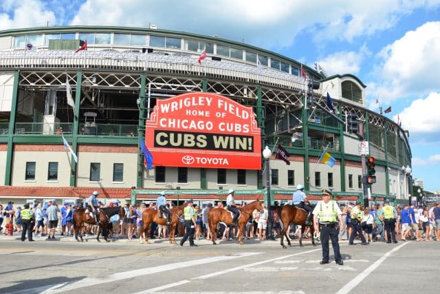 Wrigley Field, home of the Chicago Cubs, is shown here on May 29, 2016. Fans are celebrating their 7-2 win against the Philadelphia Phillies.