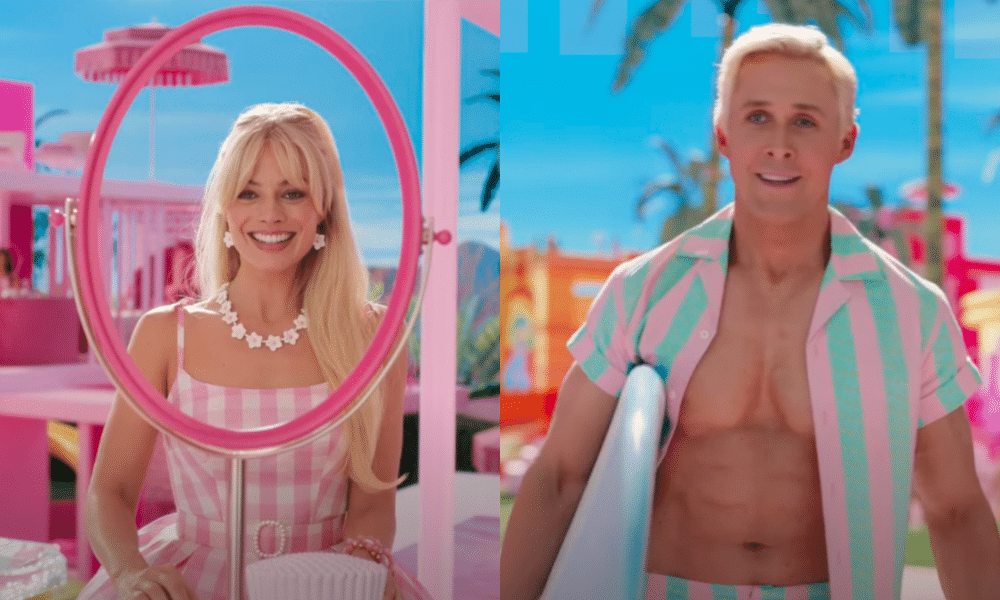 USA. Ryan Gosling and Simu Liu in a scene from the (C)Warner Bros new film:  Barbie (2023) . Plot: To live in Barbie Land is to be a perfect being in a