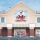 Exterior of a Spirit Christmas store featuring a large sign with Santa Claus above the entrance.