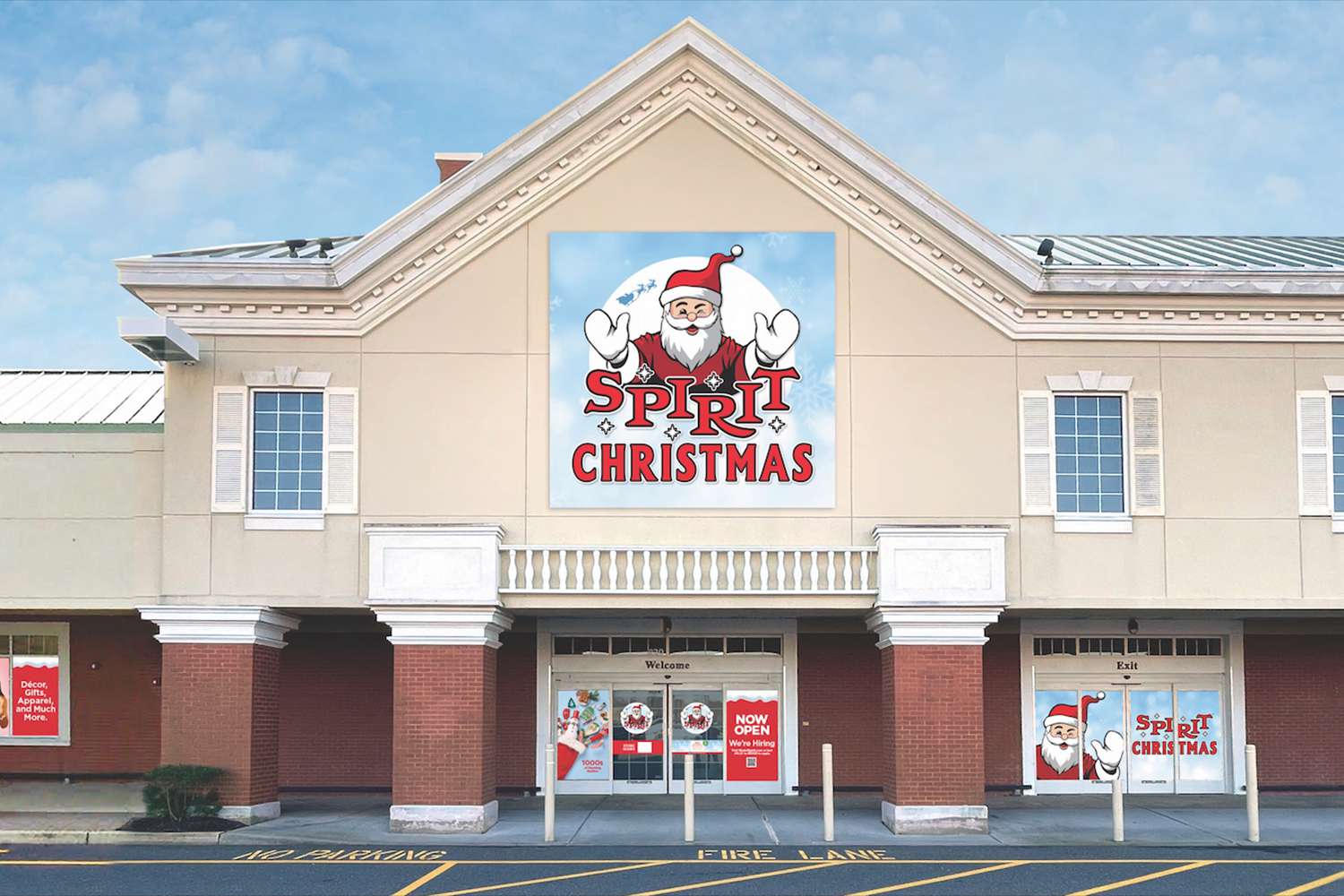 Exterior of a Spirit Christmas store featuring a large sign with Santa Claus above the entrance.