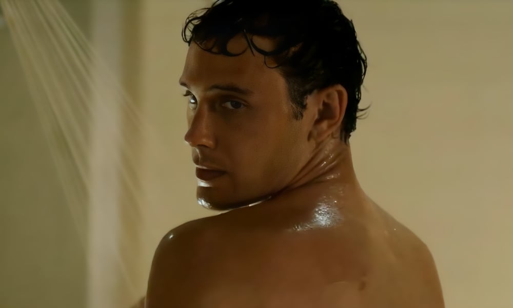 This is a screengrab from Cooper Kock's shower scene in Monsters: The Lyle and Erik Menendez Story on Netflix