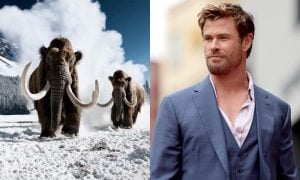 Two woolly mammoths running through the snow on the left, and actor Chris Hemsworth in a sharp suit on the right.