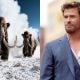 Two woolly mammoths running through the snow on the left, and actor Chris Hemsworth in a sharp suit on the right.