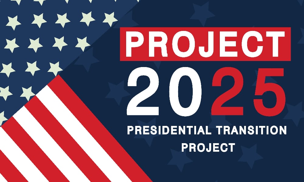 Graphic reading "Project 2025 Presidential Transition Project" with an American flag design and stars in the background, illustrating the concept of What is Project 2025.