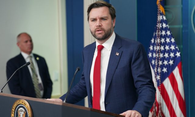 Vice President JD Vance speaks about a collision involving an American Airlines passenger jet and an Army helicopter during a press briefing at the White House in Washington, DC on Thursday, January 30, 2025. All 60 passengers, four crew members and three soldiers are believed to have died in the crash.