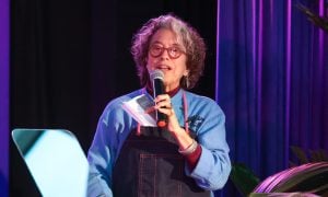 Susan Feniger speaks on stage during the LA Forever Celebration at Los Angeles LGBT Center on April 26, 2025 in Los Angeles, California.
